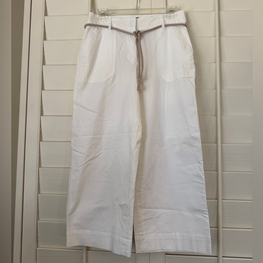 Talbots White Wide Leg Cropped Pants with Taupe Rope Belt